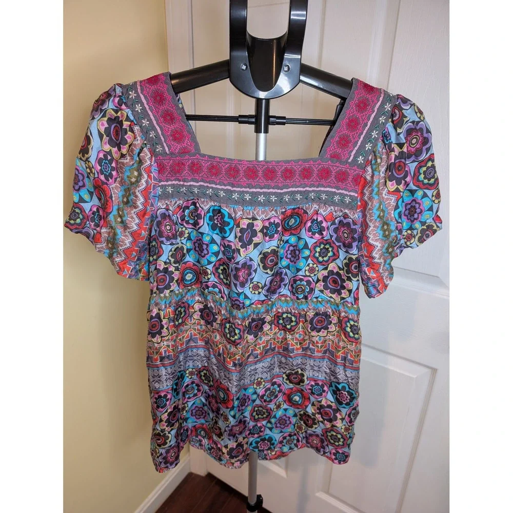 Johnny Was Silk‎ Blouse Boho Embroidered Peasant Short Sleeve - Size XS